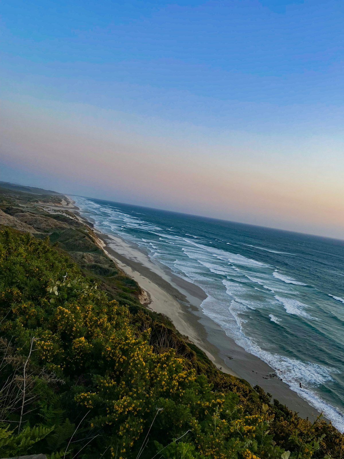 A long coastline with waves rolling onto a beach below green cliffs