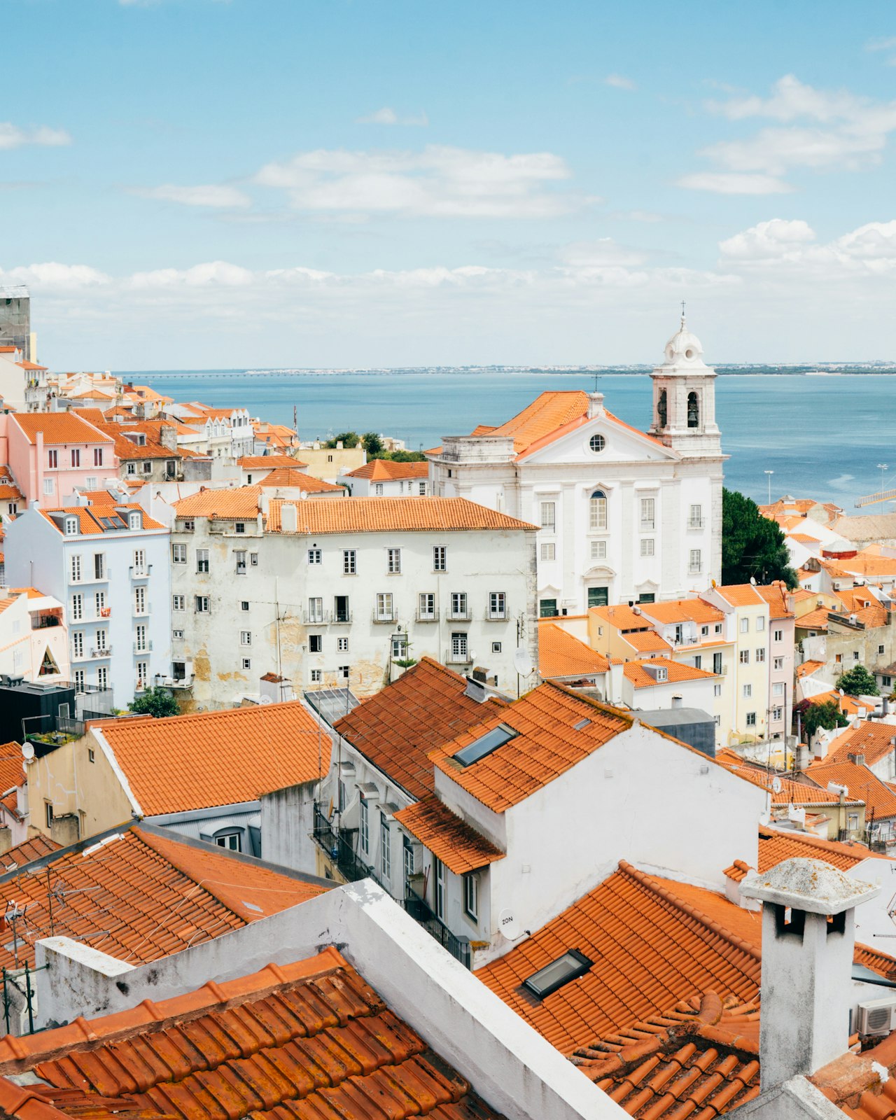 Terracotta rooftops of Lisbon running down to the river