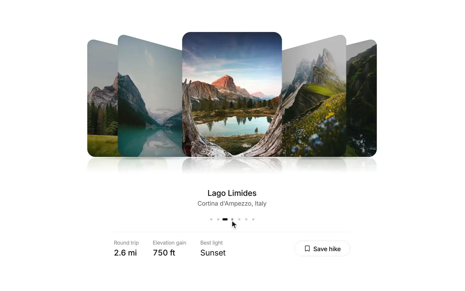 Cover flow: A depth rail of images with soft shadows and a quiet reflection.