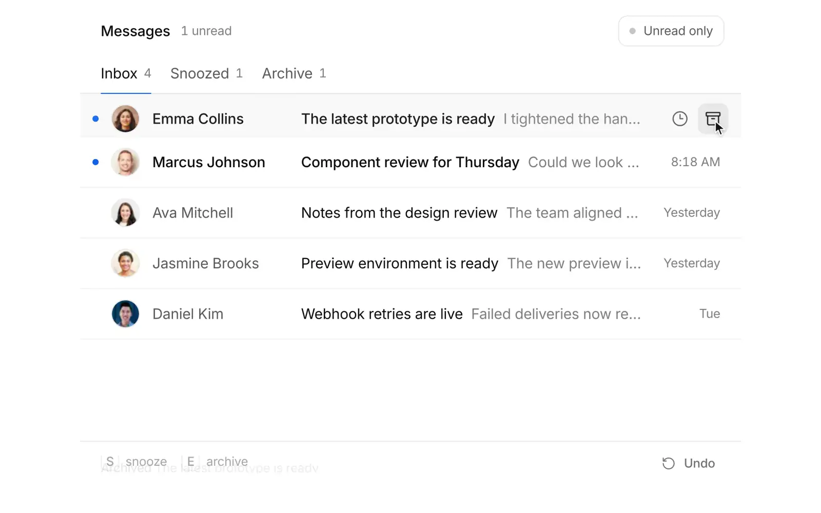 Inbox triage: Archive, snooze and restore messages while the list closes the gaps.