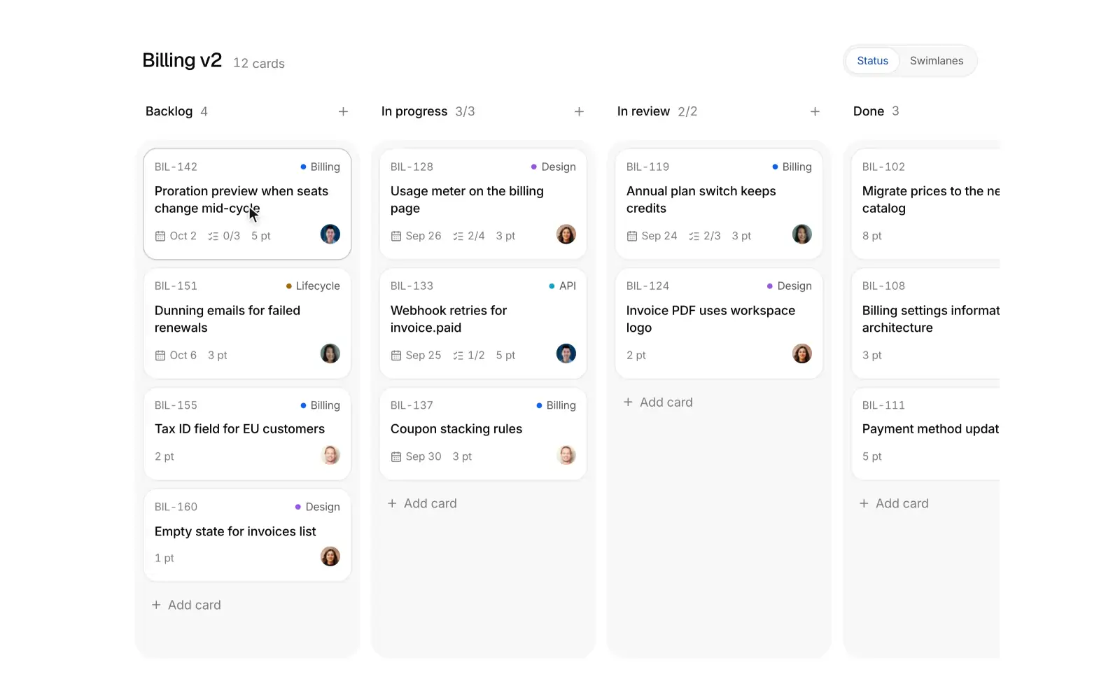 Kanban board: Cards lift, tilt and spring into the slot that opens for them.