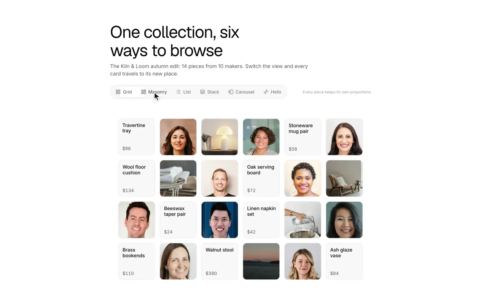 Layout morph: One gallery that flies between grid, list, stack, carousel and a 3D helix.