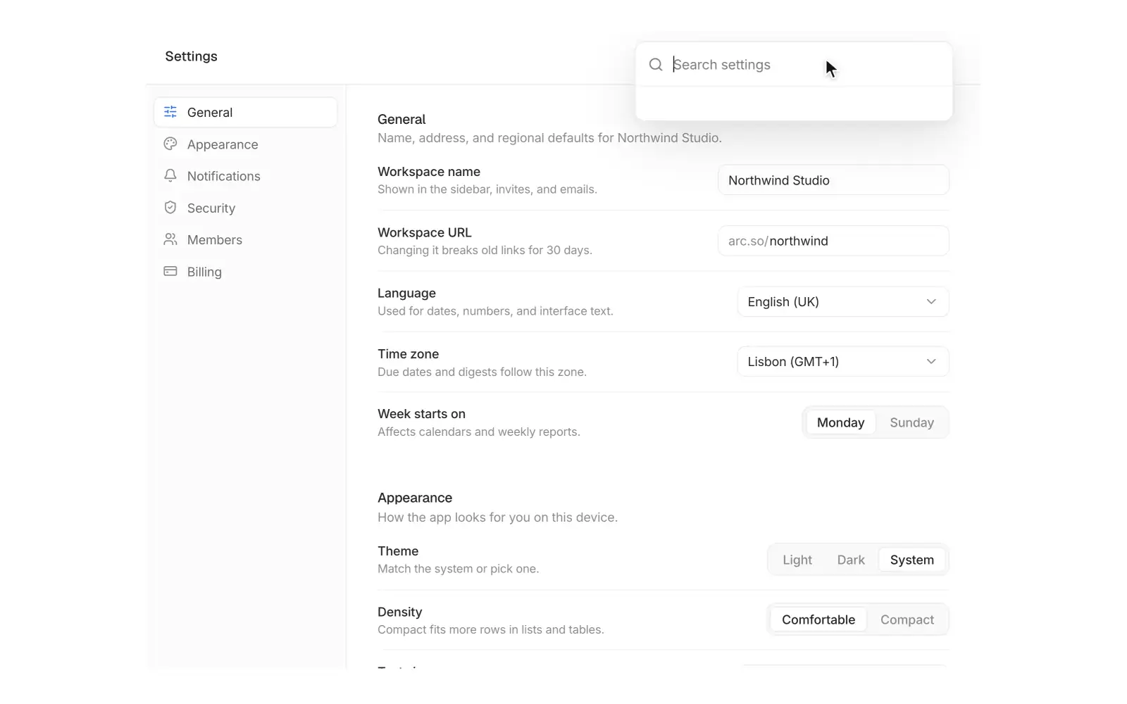 Settings command: A search field that grows into a palette and flies you to any setting.